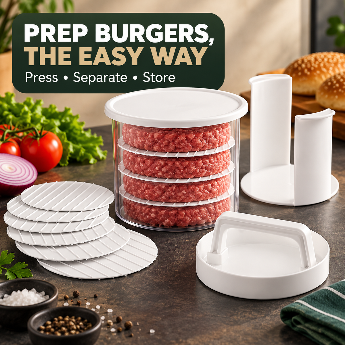 🍔 Burger Patty Press & Storage Set | Prep, Stack & Chill