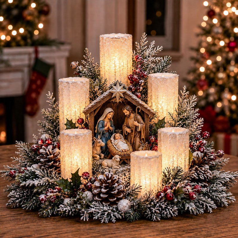 🔥 Limited Time 50% OFF –✨ Christmas Lighted Centerpiece with Flameless Candle Glow 🕯️🎄