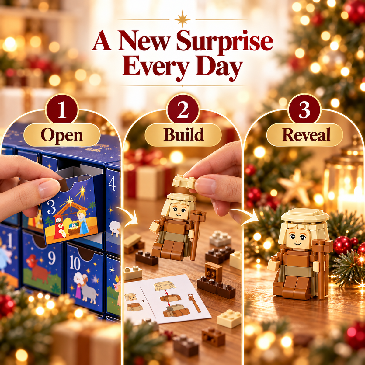 Open, build and reveal Nativity Advent Calendar daily surprise