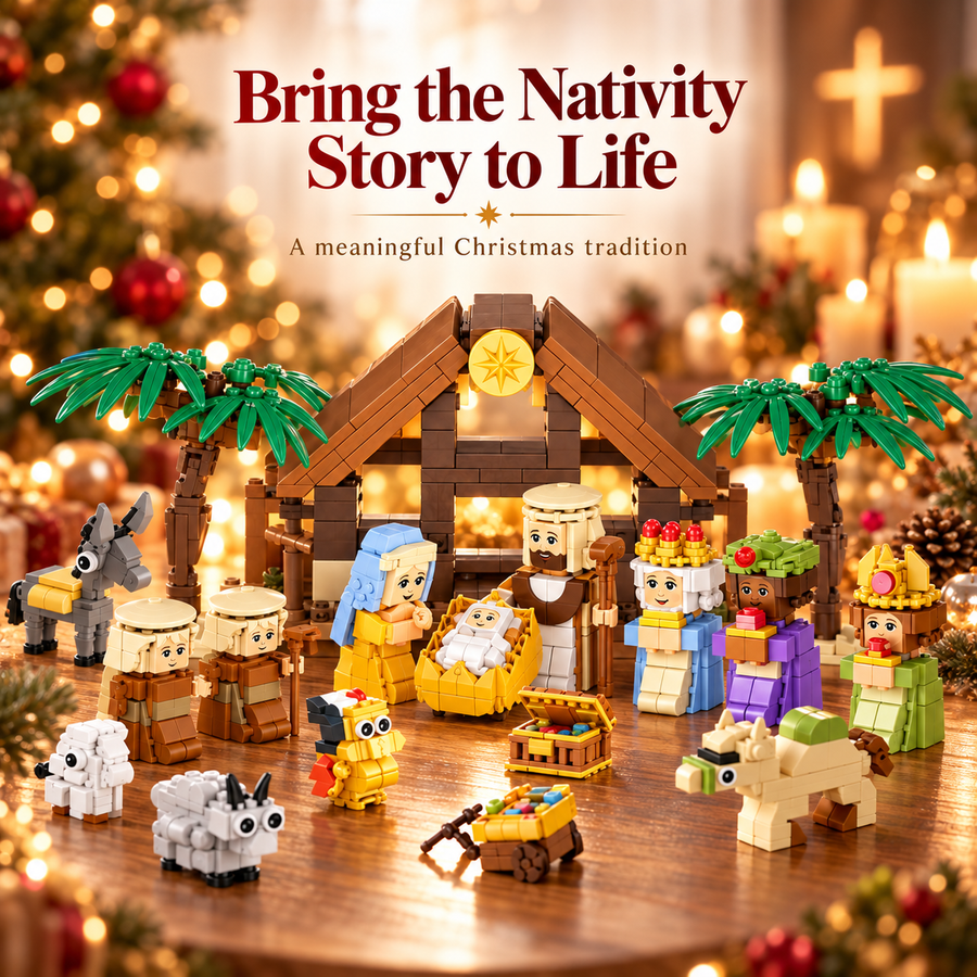 Completed buildable Nativity scene with Mary Joseph baby and visitors