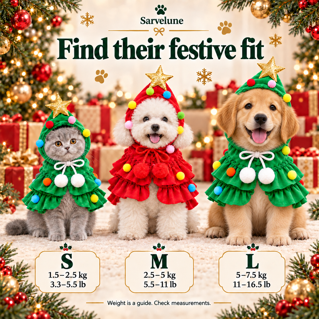 Sarvelune reference size guide: S 1.5–2.5 kg, M 2.5–5 kg, L 5–7.5 kg; weight alone does not guarantee fit