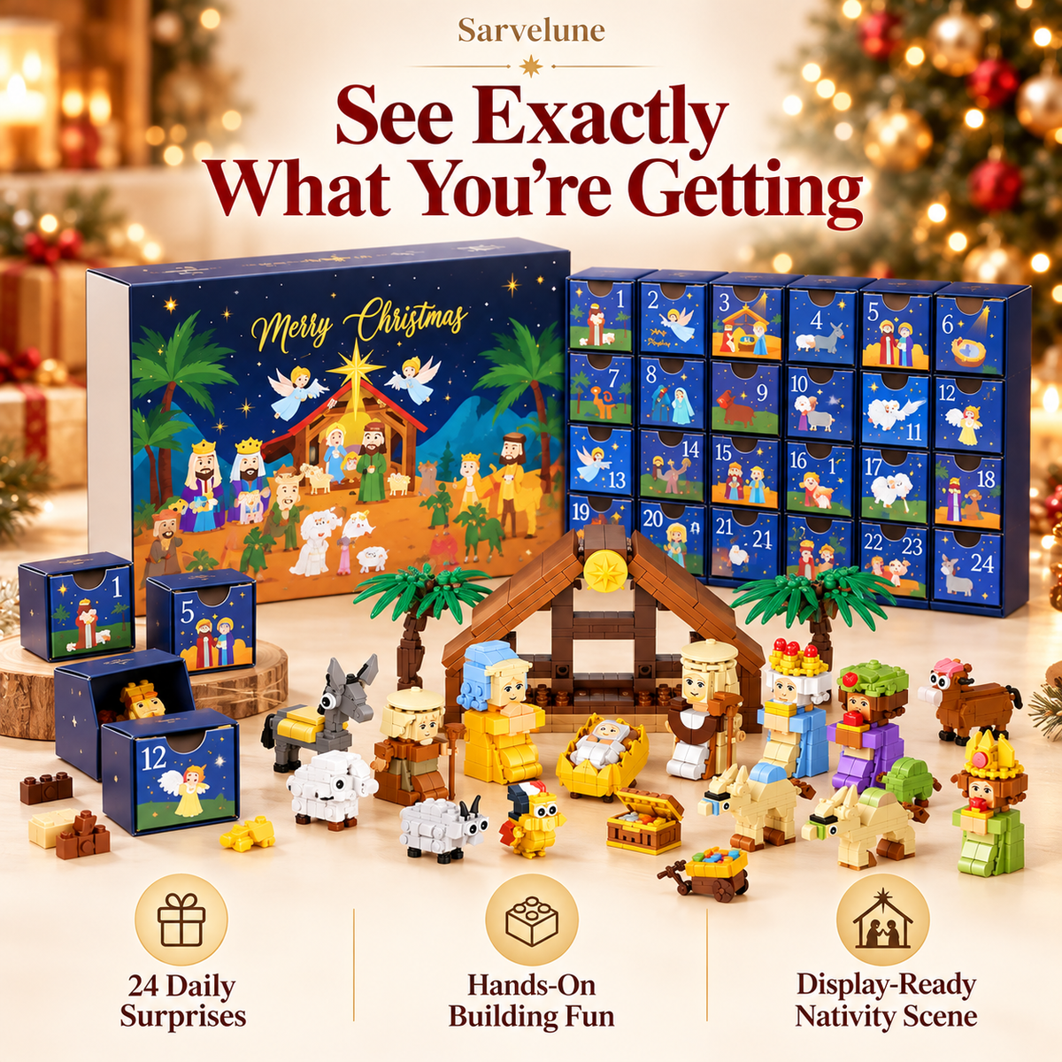 Sarvelune Advent Calendar with 24 numbered boxes and Nativity building block scene