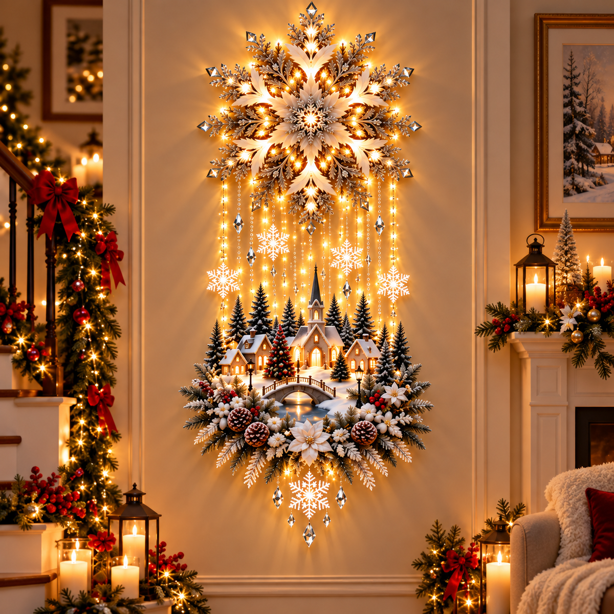 🏡🎄 Illuminated Christmas Tree & Village Wall Hanging | Cascading Warm Lights for Living Rooms, Entryways & Staircases ✨