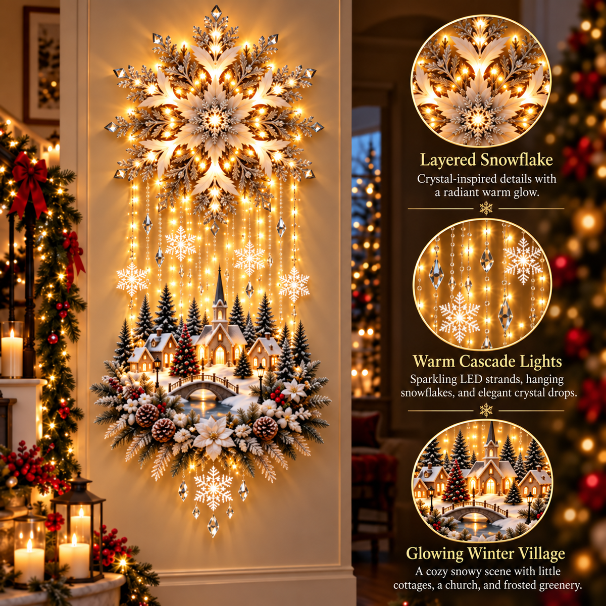 🏡🎄 Illuminated Christmas Tree & Village Wall Hanging | Cascading Warm Lights for Living Rooms, Entryways & Staircases ✨