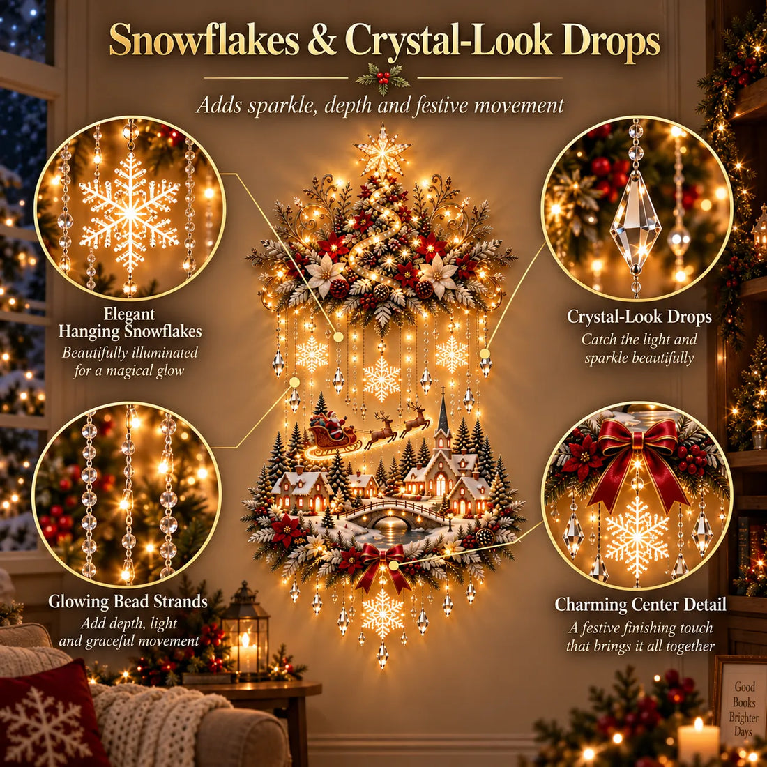 Close-up callouts showing hanging snowflakes, faceted crystal-look drops and illuminated strands between the tree and village.