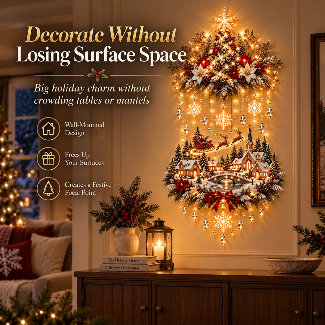 Vertical Christmas tree and village wall decoration displayed above a cabinet with books and small seasonal accents.