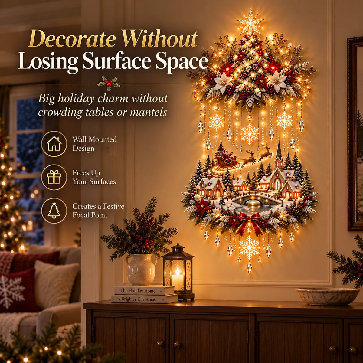 🏡🎄 Illuminated Christmas Tree & Village Wall Hanging | Cascading Warm Lights for Living Rooms, Entryways & Staircases ✨