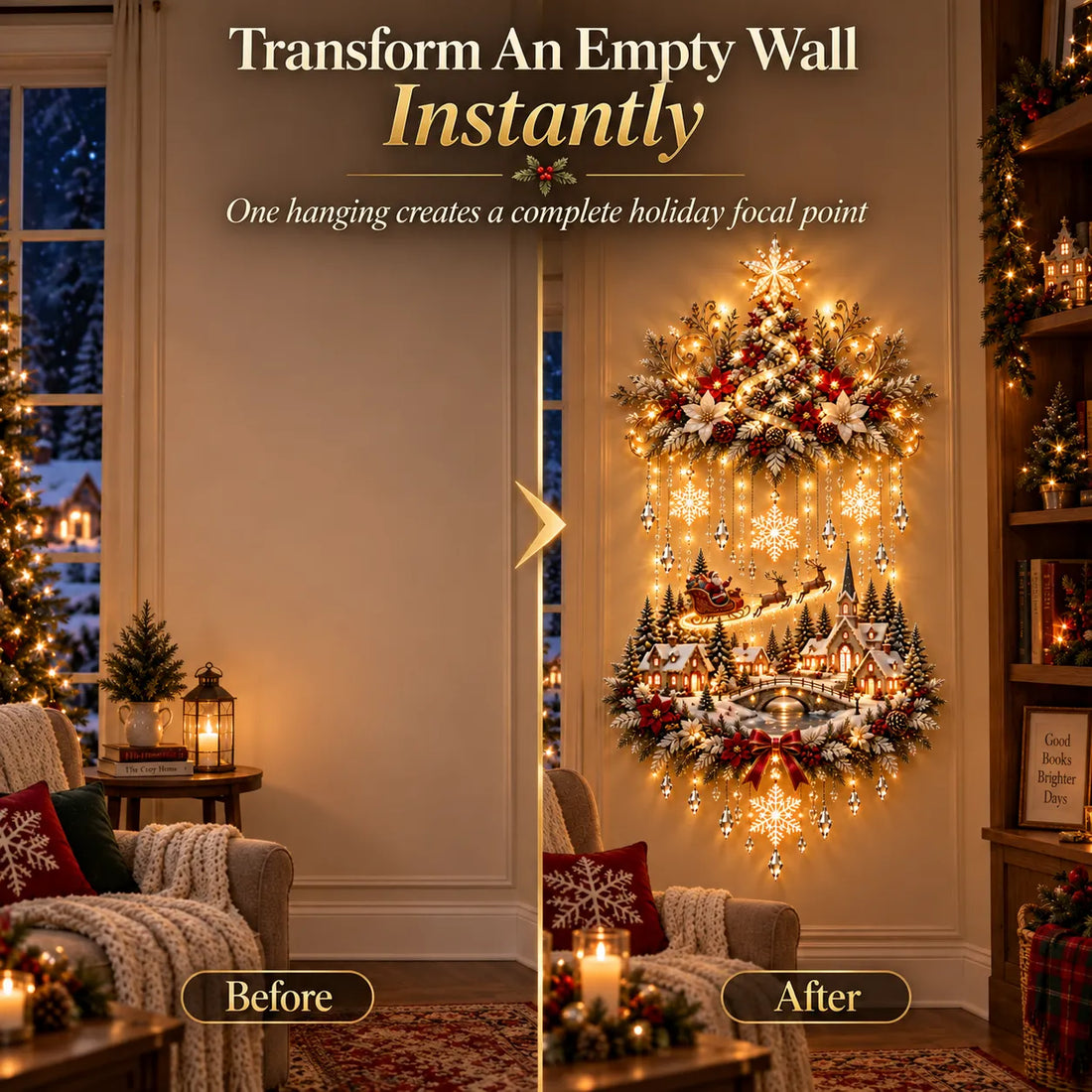 Side-by-side styling comparison of a blank living-room wall and the same setting with the Christmas tree and village decoration.